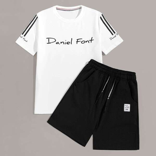 

Men Letter Print Tee With Drawstring Waist Shorts