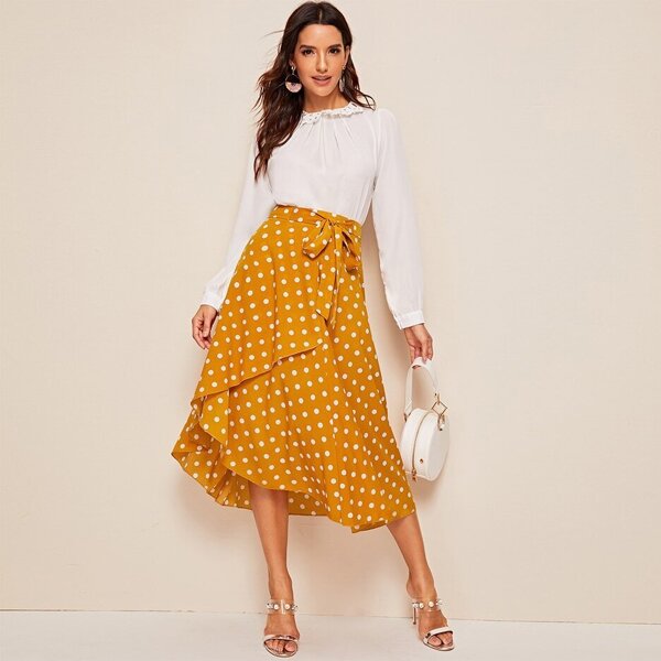 

Asymmetrical Wrap Belted Polka Dot Skirt, Yellow