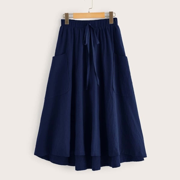 

Tie Waist Pocket Side Dip Hem Skirt, Blue
