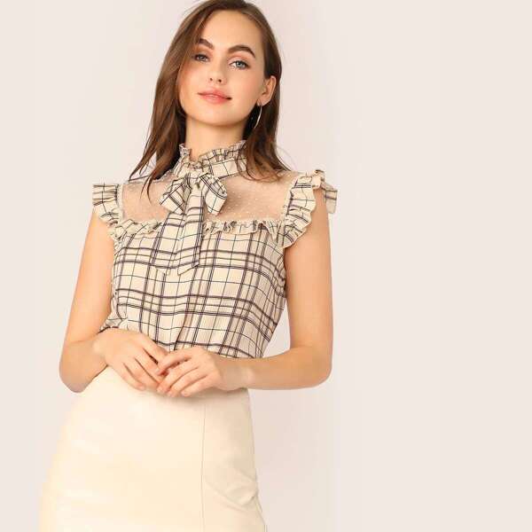 

Tie Neck Dot Mesh Yoke Ruffle Plaid Top