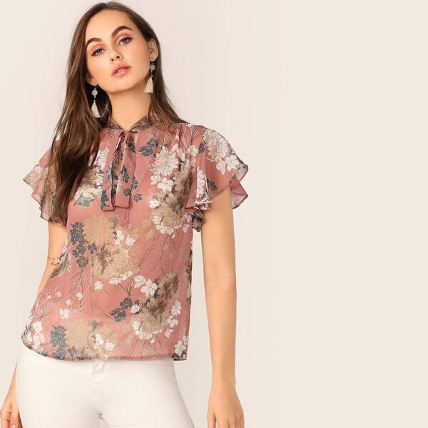 

Tie Neck Flutter Sleeve Floral Print Top