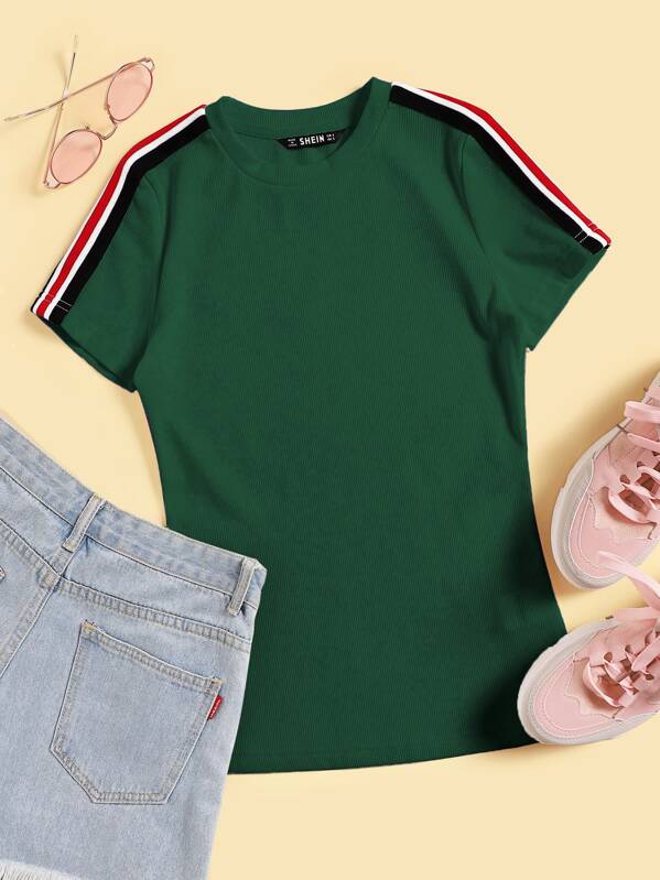 

Striped Tape Rib-knit Tee, Green