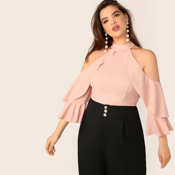 

Plus Cold Shoulder Ruffle Trim Top, Pink