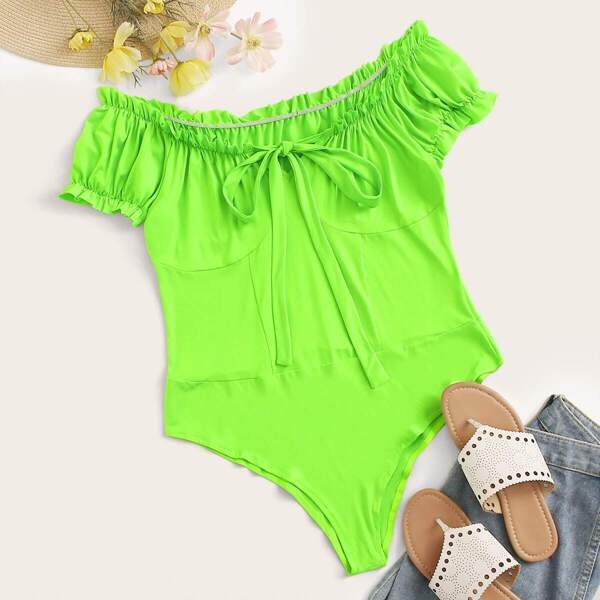 

Plus Neon Green Knot Frill Bodysuit
