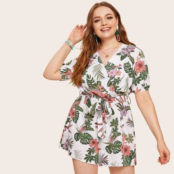

Plus Surplice Front Tropical Print Self Tie Playsuit
