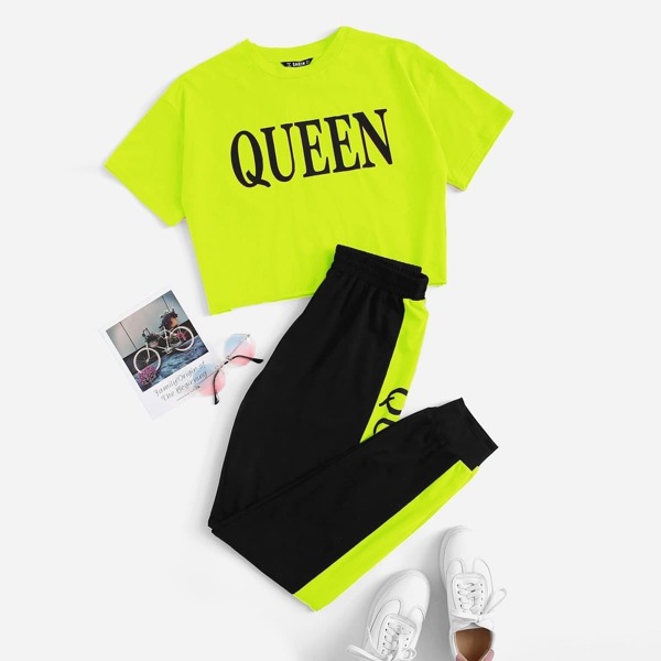 

Neon Lime Letter Print Crop Top & Pants Set