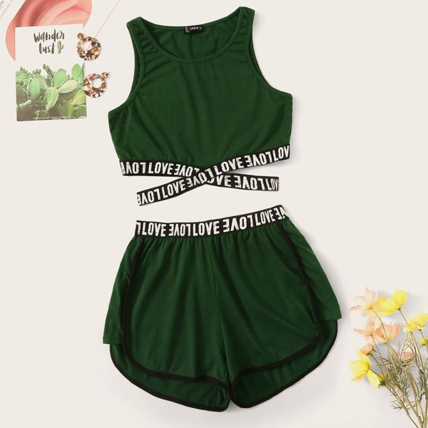

Lettering Cross Strap Detail Tank Top & Dolphin Shorts Set