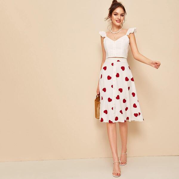 

Ruffle Strap Crop Top & Heart Print Skirt Set