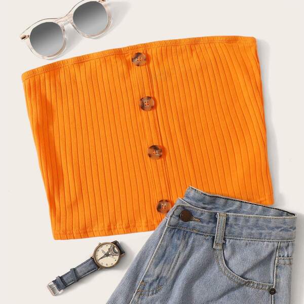 

Neon Orange Button Up Ribbed Bandeau Top, Orange bright