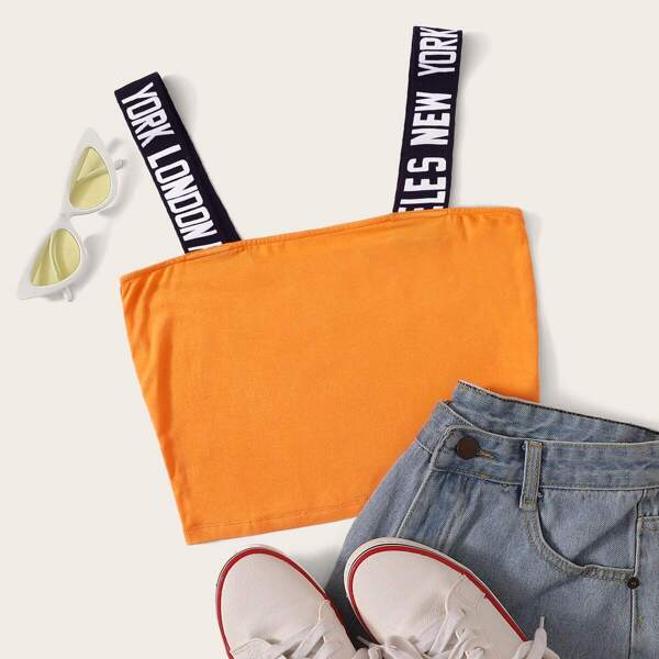 

Neon Orange Lettering Tape Strap Top
