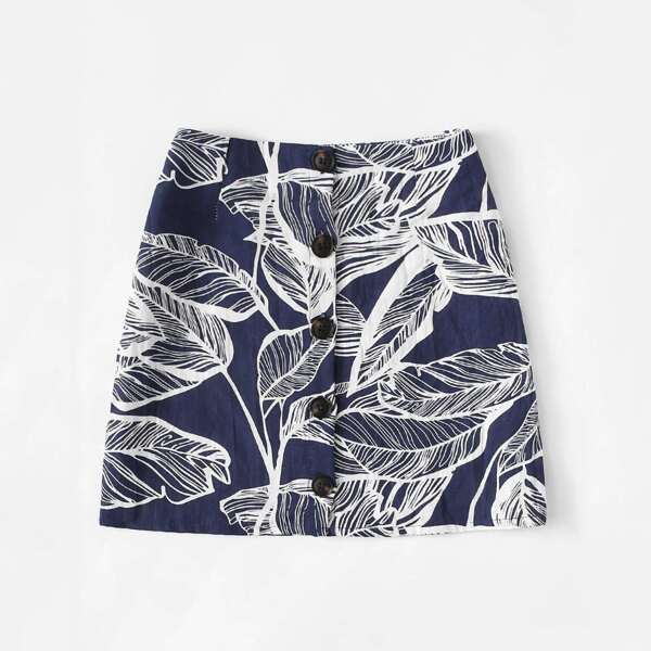 

Plus Button Through Tropical Print Skirt