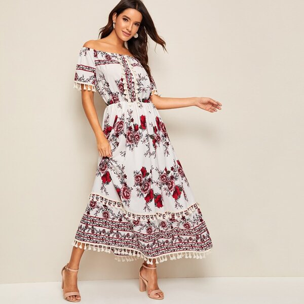 

Floral Print Fringe trim Off the Shoulder Maxi Dress, Multicolor