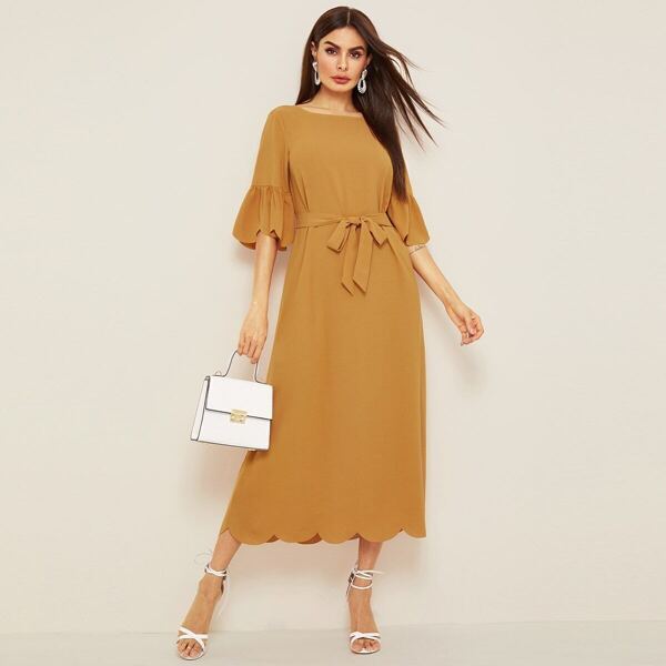 

Scallop Hem Belted Flounce Sleeve Longline Dress