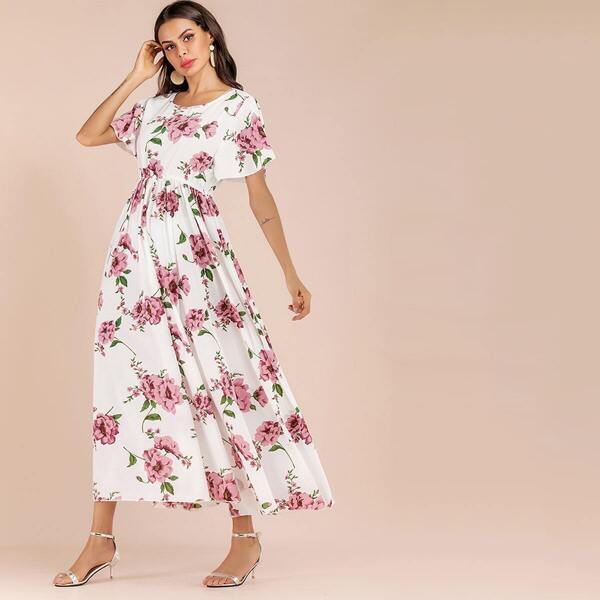 

Floral Print Elastic Waist Maxi Dress, White