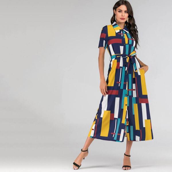 

Geometric Print Belted Shirt Dress