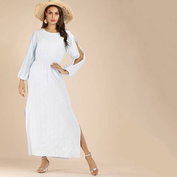 

Split Sleeve Shirred Waist Split-side Maxi Dress, Blue
