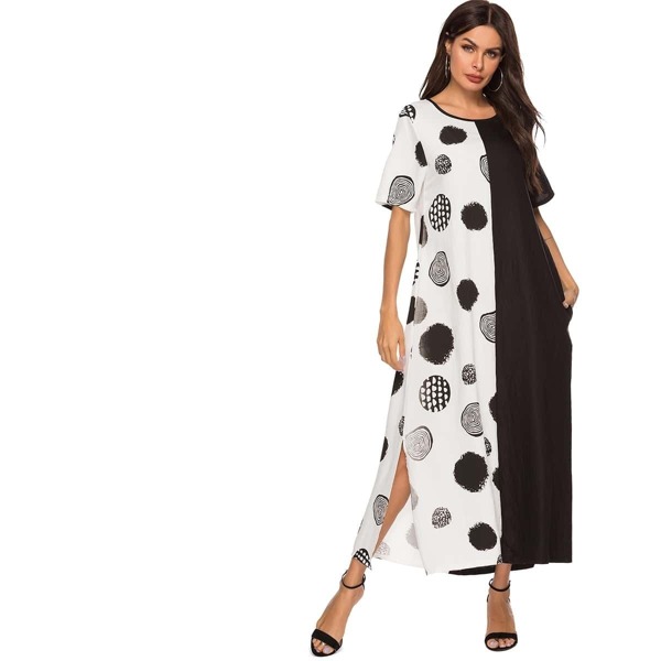 

Graphic Print Spliced Hidden Pocket Slit Maxi Dress