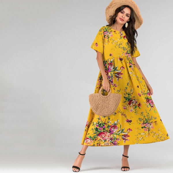 

Floral Print Button Half Placket Maxi Dress, Yellow