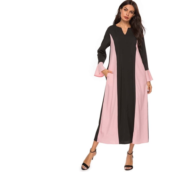 

Color Block Flounce Sleeve Maxi Dress