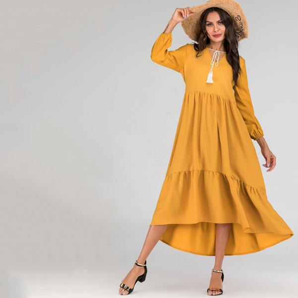 

Tie Neck Bishop Sleeve High Low Dress, Yellow