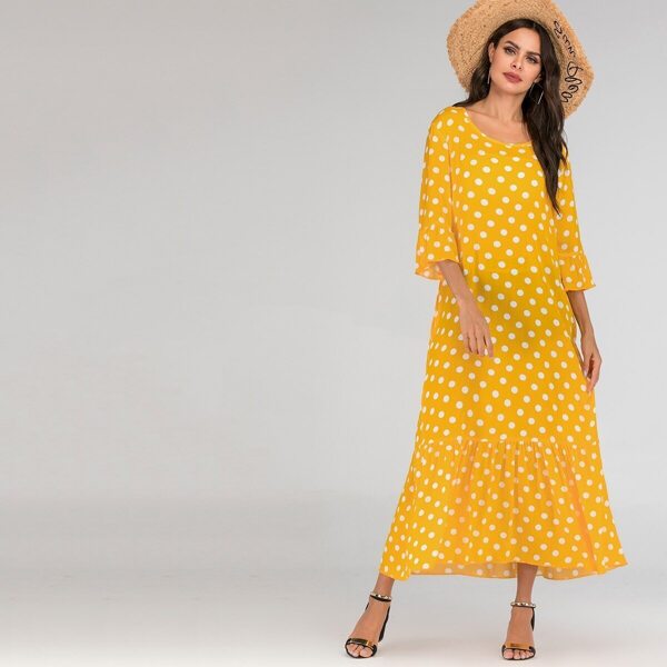 

Polka Dot Print Flounce Sleeve Maxi Dress, Yellow