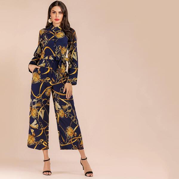 

Chain Print Belted Wide Leg Jumpsuit