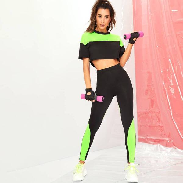 

Color Block Crop Tee & Elastic Waist Leggings