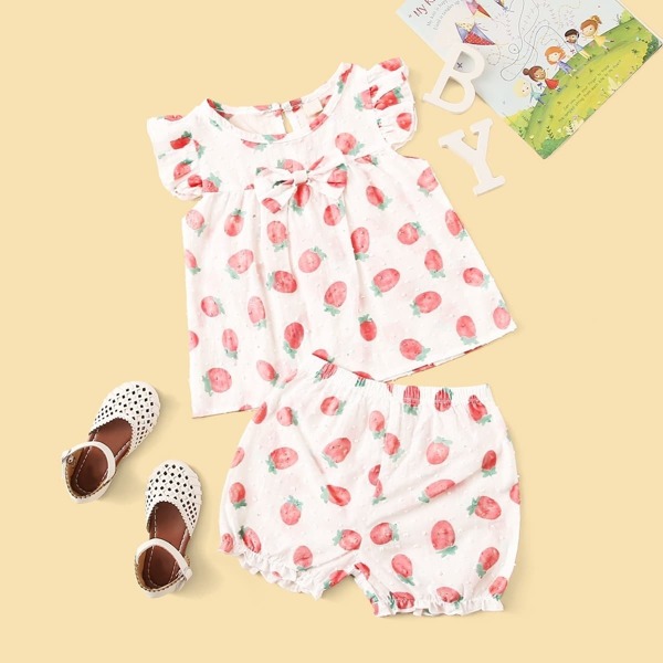 

Toddler Girls Strawberry Print Bow Top With Shorts, Multicolor