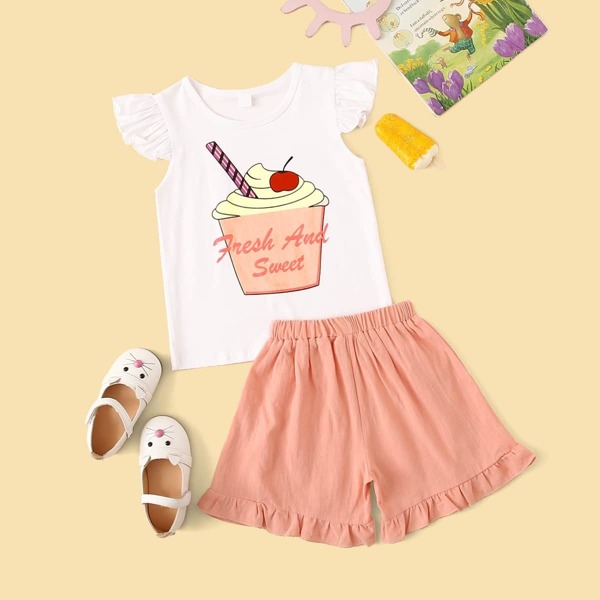 

Toddler Girls Letter Print Top With Ruffle Hem Shorts, Multicolor