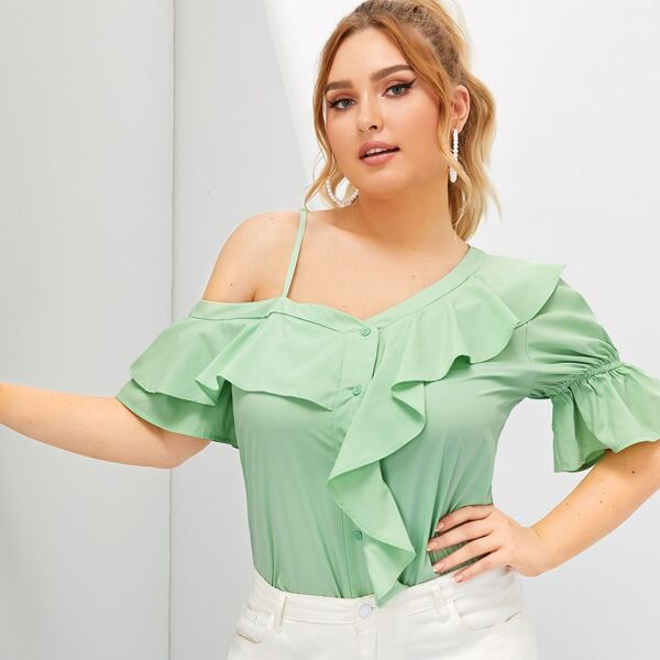 

Plus Asymmetrical Neck Ruffle Blouse, Green