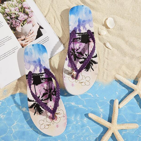 

Palm Tree Print Toe Post Slippers, Multicolor