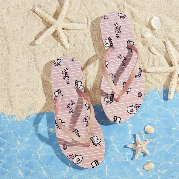 

Unicorn Pattern Toe Post Striped Slippers, Pink