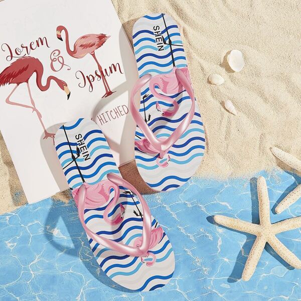 

Flamingo Print Toe Post Slippers, Multicolor