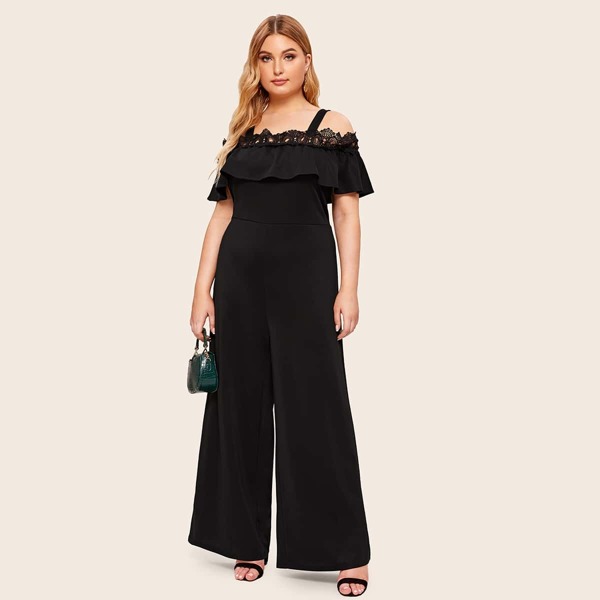 

Plus Contrast Lace Cold Shoulder Jumpsuit, Black