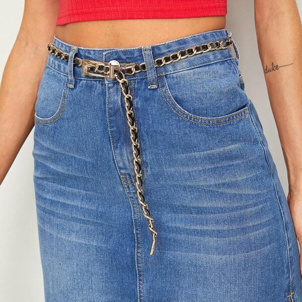 

Rectangle Buckle Faux Leather Chain Skinny Belt