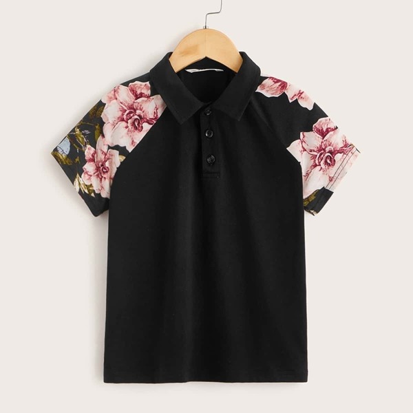 

Boys Floral Raglan Sleeve Polo Shirt, Black