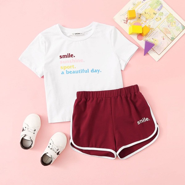 

Girls Slogan Tee and Contrast Binding Dolphin Shorts Set, Multicolor
