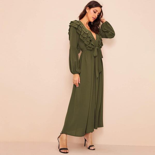 

Plunging Neck Exaggerate Ruffle Split Abaya, Army green