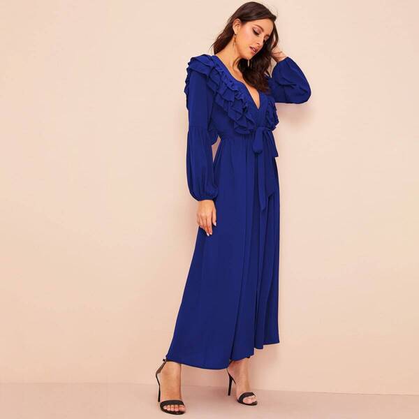 

Plunging Neck Exaggerate Ruffle Split Abaya, Blue
