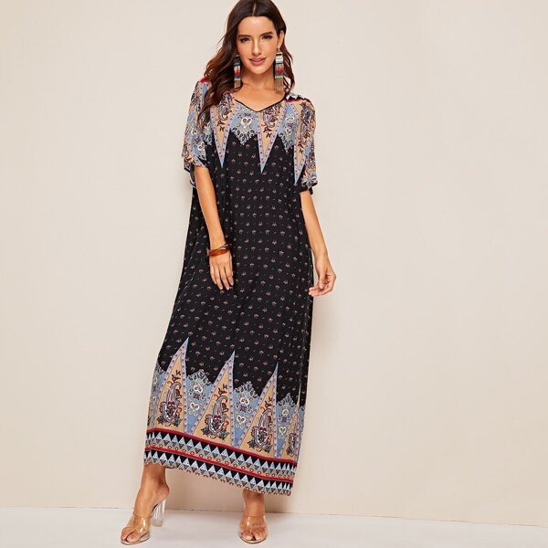 

V-neck Tribal Print Hijab Dress