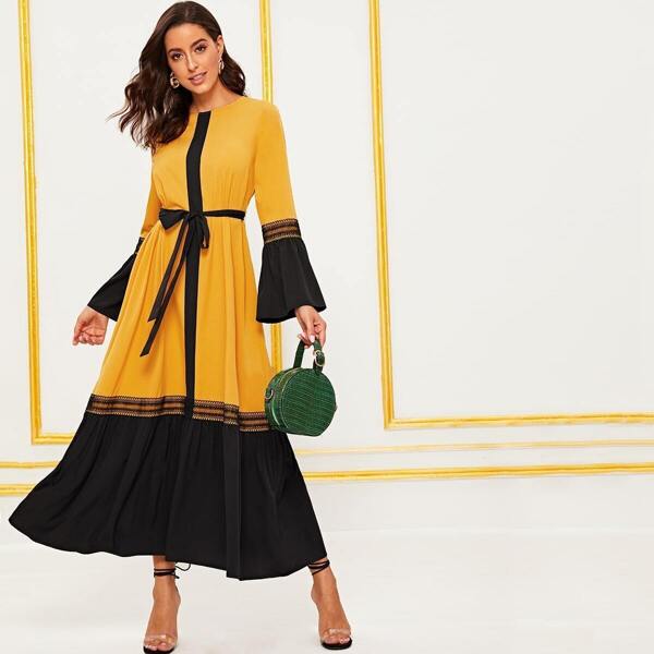 

Lace Trim Bell Sleeve Self Belted Hijab Dress