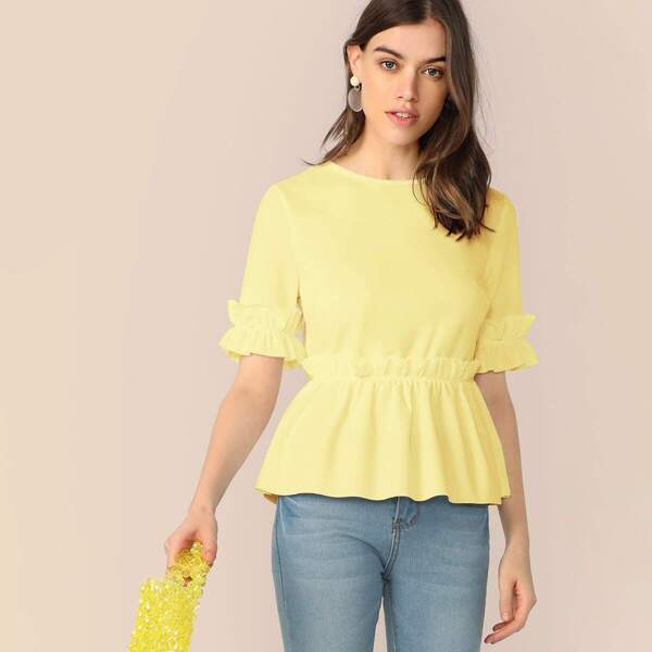 

Ruffle Trim Keyhole Back Top, Yellow