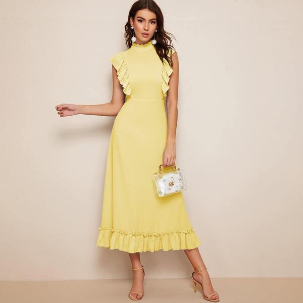

Ruffle Trim Fit & Flare Dress, Yellow