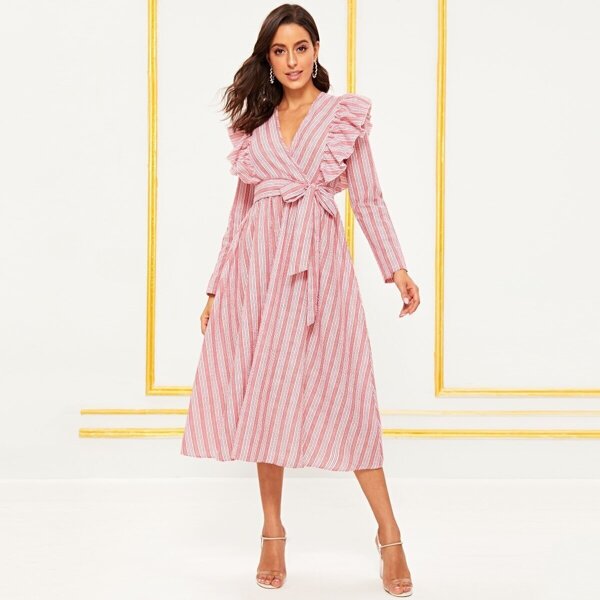 

Ruffle Trim Self Belted Wrap Striped Dress, Pink