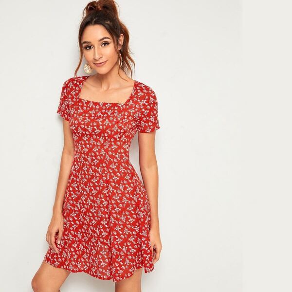 

Ditsy Floral Square Neck Zipper Back Dress, Red