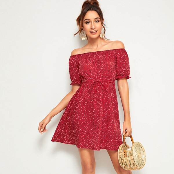 

Polka Dot Off The Shoulder Drawstring Dress