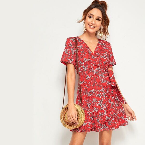 

Ruffle Hem Tie Side Dress With Wrap Top, Red