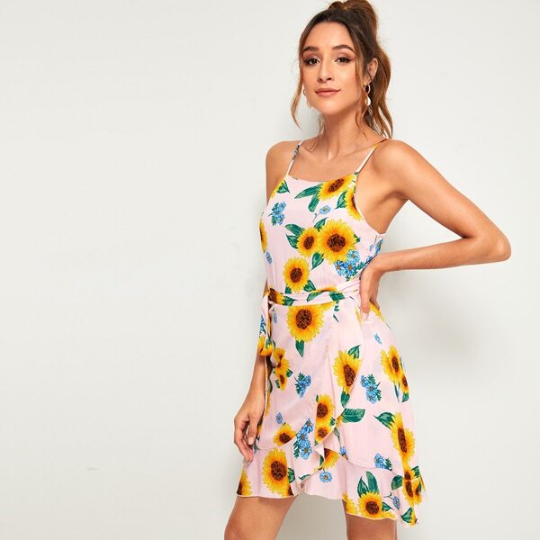 

Sunflower Print Ruffle Hem Belted Slip Dress