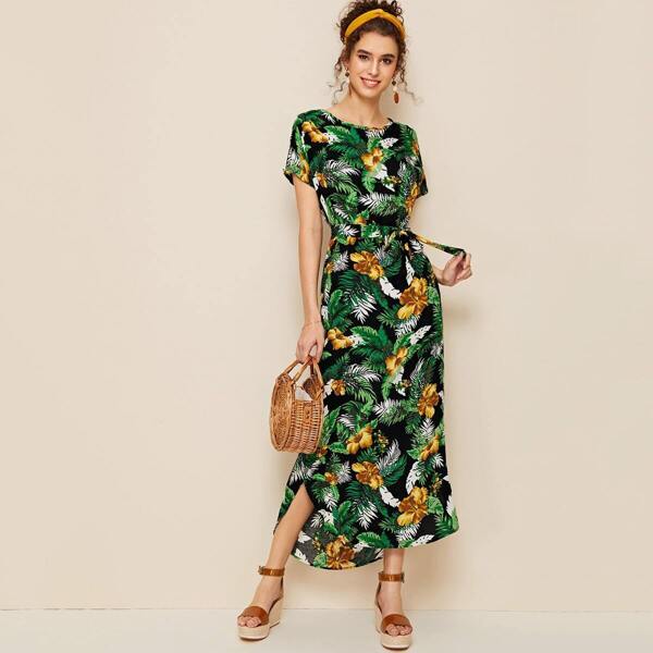 

Floral & Tropical Print Belted Slip Hem Dress, Multicolor