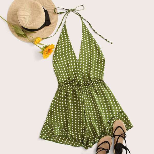 

Polka Dot Backless Surplice Halter Romper, Green